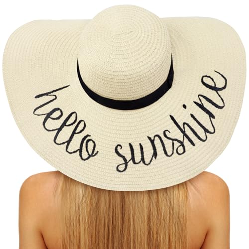 Senker Fashion Floppy Beach Hats for Women Straw Sun Hat Foldable Wide Brim Embroidered Roll up Summer Vacation Travel Beige