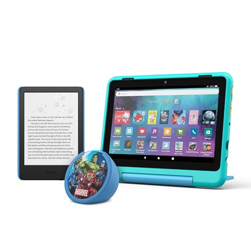 Amazon Kids Entertainment Device Bundle Including Fire HD 8 Kids Pro Tablet (32GB, Hello Teal) + Kindle Kids (16GB, Space Whale) + Echo Dot Kids (Avengers)
