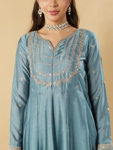 Image of MOKOSH Women's Silk Embroidery Anarkali Kurta Pant with Dupatta | Women's Anarkali Kurta Set | 3 Piece Ethnic Outfit with Dupatta | Round Neck Full Sleeve