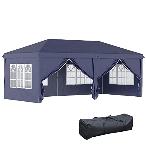 Outsunny Carpa Plegable 6x3x2,7 m Cenador de Jardín Gazebo Plegable con 4 Paneles 4 Ventanas 2 Puertas con Cremallera 1 Bolsa Anti-UV Impermeable para Exterior Terraza Patio Playa Azul