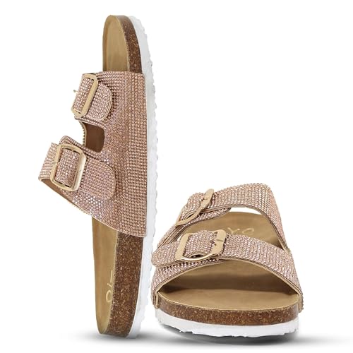 YOKI-GIAN-107 Women's Cork Flat Sandal With Double Buckle Strap, Gold, 7.5 M US