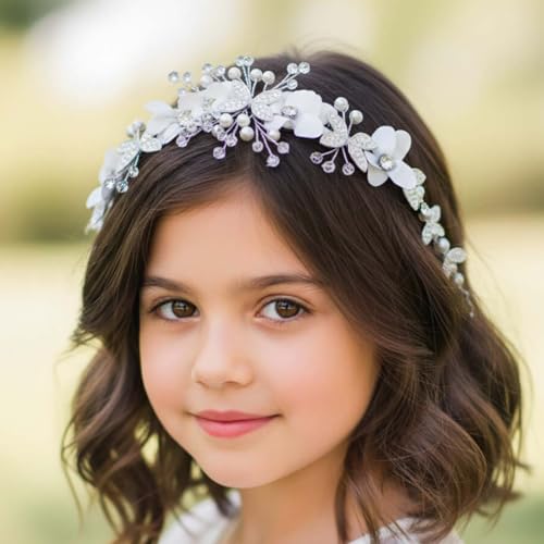 Campsis Flower Girl Headband, White Floral Princess Headpiece, Rhinestone Wedding Hair Accessory for Women