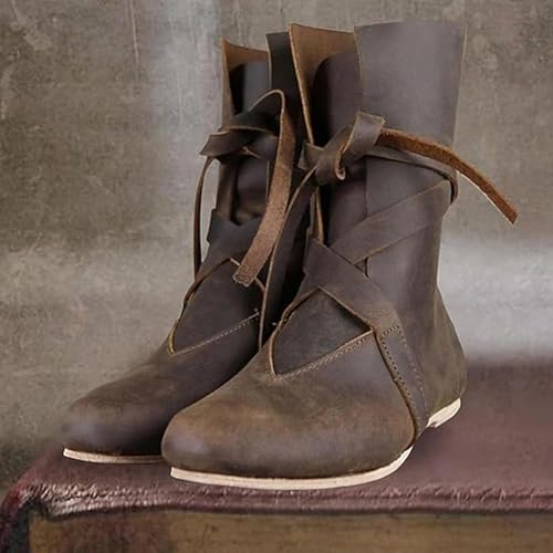 Cowboy Boots for Men Renaissance Medieva Booties Halloween Viking Pirate Steampunk Riding Long Boots Vintage Suede Waterproof Lace Up Mid Calf Boot3