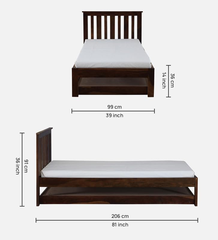 Image of Trundle Bed Single Seater Bed |Sheesham Wood, Walnut |Mattress Size: 36 x 78 Inches |Palang for Bedroom or Hotel Furniture Ideal for Home Decor | DIY-Assembly