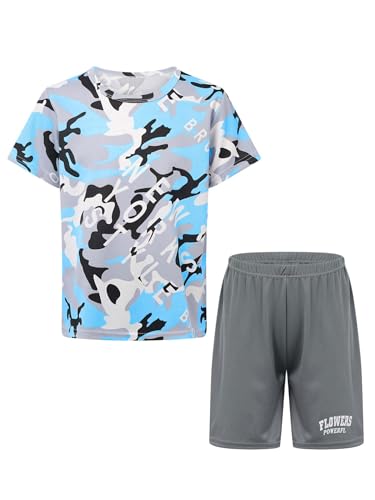 easyforever Kids Boys Sports Outfit Set Short Sleeve Camouflage Print T-shirt With Shorts For Soccer Basketball Workout Light Blue 13-14 Years