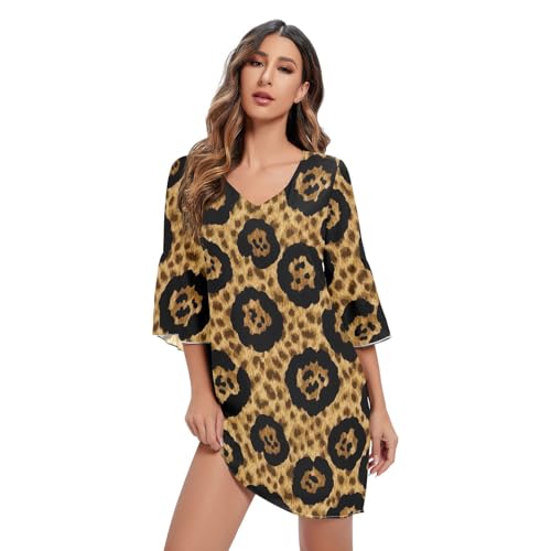 Robe d'été légère en mousseline anti-chaleur imprimé léopard col V