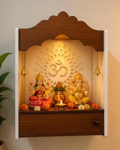 Image of Crosscut Wooden wall Hanging mandir, Temple for Home and Office Pooja (Dual Arch Design)
