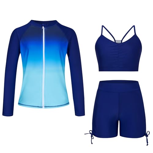 Image of Funnycokid Girls Swimsuit 3 Pieces Zip Rash Guard Bathing Suits Set Kids Bikini Boyshort Summer Swimwear 3-14 Years