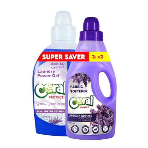 Coral Protect Power Gel Laundry Detergent & Fabric Softener Set – Dual Enzyme Stain Removal, Color Protection & Lavender Freshness – 2L Each (Pack of 2)