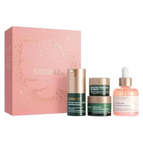Biossance Most Loved + Luminous Skincare Holiday Gift Set, Vitamin C Rose Face Oil, Marine Algae Eye Cream, Omega Repair Face Moisturizer, and Lactic Acid 10% resurfacing face serum, $143 value, 1 Set Cover