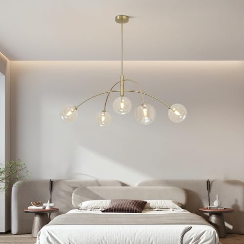 Image of Mid Century Modern Sputnik Chandelier 5-Light Gold Glass Ceiling Light Large Brass Chandelier for Dining Room Kitchen Bedroom