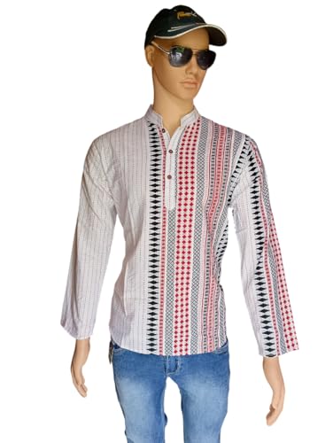 Image of Men's Printed Cotton Blend Full Sleeve Straight Kurta Regular Fit Short Kurta Shirt for Men