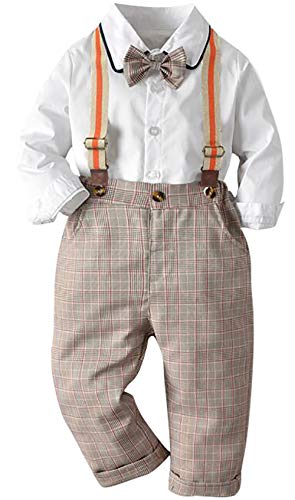 Toddler Dress Suit Baby Boys Clothes Sets Bowtie Shirts + Suspenders Plaid Pants 3pcs Gentleman Outfits Suits 1-6Years White