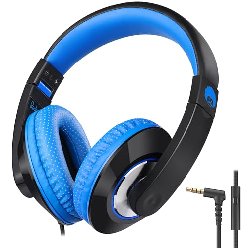 RockPapa Auriculares para niños, Auriculares con Cable y Micrófono, Over Ear, Ajustable, Jack Audio 3,5mm, para Niños Adultos Colegio Viajar, Negro Azul