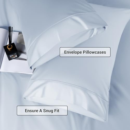Image of Shilucheng 4 Piece Queen Sheet Sets, Cooling Sheets, Blend Rayon Derived from Bamboo, Deep Pocket Up to 16 inch, Breathable & Soft Bed Sheets, Hotel Silky Bedding Set, Sky Blue