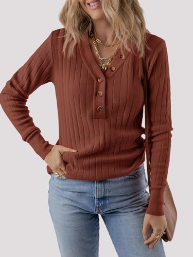 MEROKEETY Women's 2025 Long Sleeve V Neck Ribbed Button Knit Sweater Solid Color Tops2