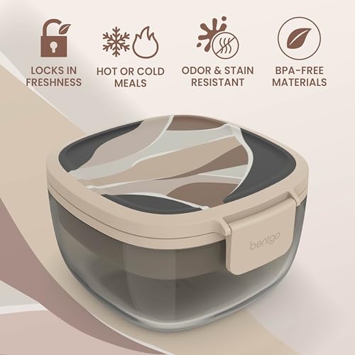Image of Bentgo Glass Prints Salad Container - 7.6-Cup Tinted Glass Salad Bowl with Airtight Lid, Leak-Proof Sauce Container, 4-Compartment Bento Meal Prep Tray & Reusable Fork (Inky Abstract - Neutrals)