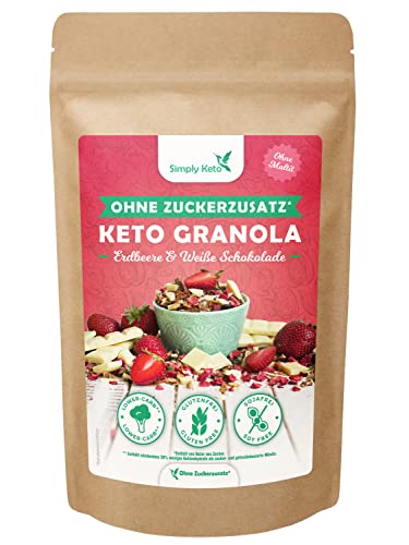 Simply Keto Lower-Carb* Erdbeer Knusper Granola mit weißer Schokolade ohne Zuckerzusatz - Keto Müsli-Alternative für ein perfektes Frühstück - Glutenfrei, sojafrei & kohlenhydratarm* - 500g
