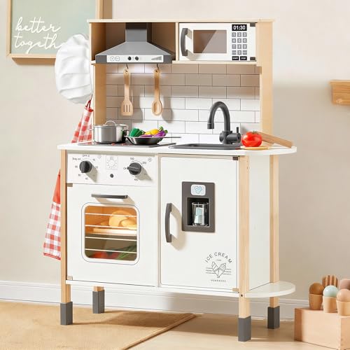 Tiny Land Play Kitchen for Kids, Wooden Kids Play Kitchen Playset Chef Pretend Play Set for Toddlers with Real Lights & Sounds, Toys Kitchen with 18 Pcs Toy Food & Cookware Accessories