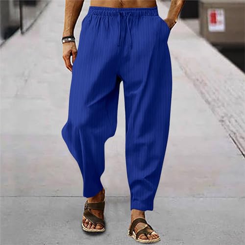 Linen Pants Men with Elastic Waist Men Beach Stripe Drawstring House with Pockets Mans Comfortable Casual Pants Cotton Linen Trousers Stripe Pantalones De Hombre (Royal Blue,3X-Large)3