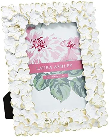 Laura Ashley 4x6 White & Gold Flower Textured Hand-Crafted Resin Picture Frame w/ Easel & Hook for Tabletop & Wall Display, Decorative Floral Design Home Décor, Photo Gallery, Art (4x6, White/Gold)