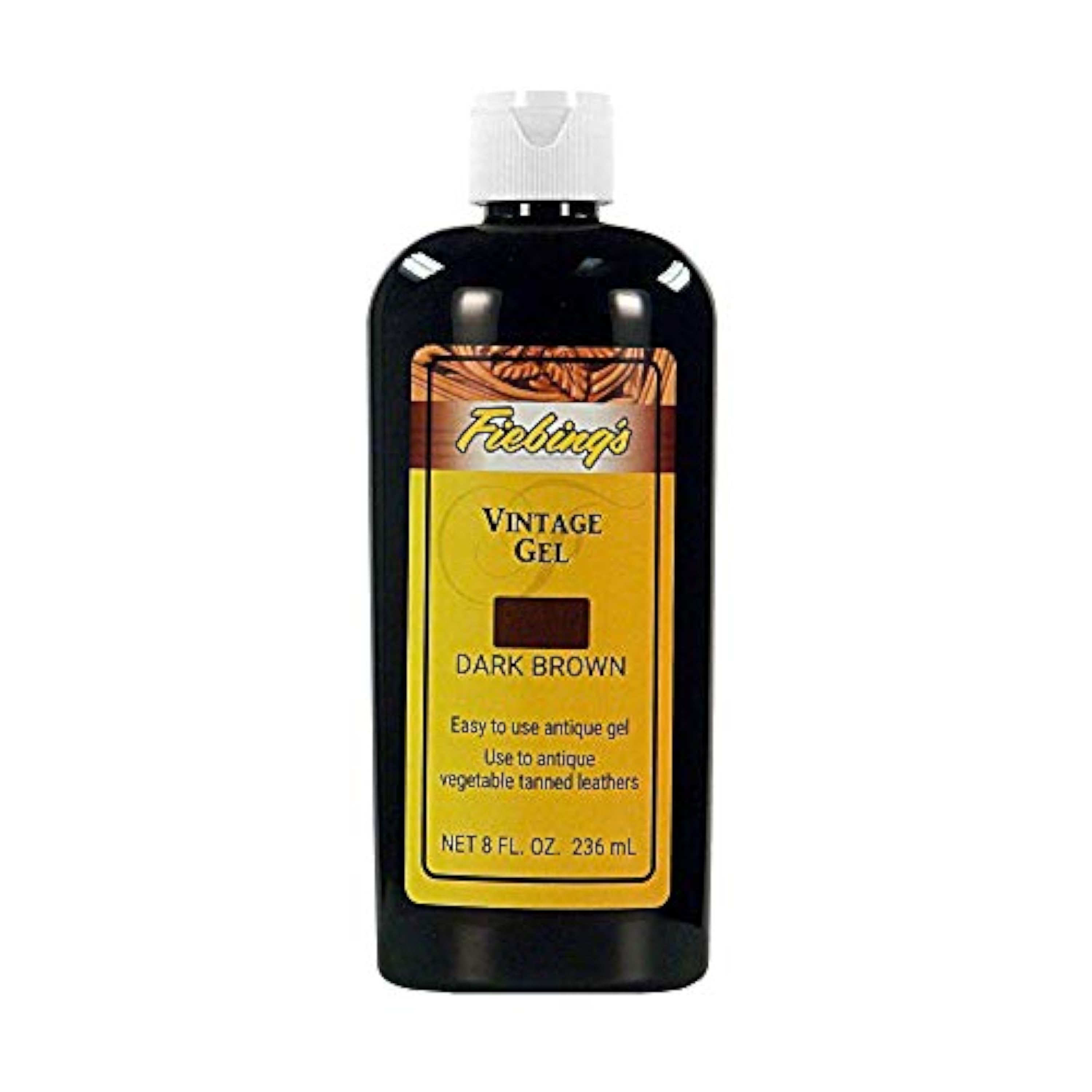 Fiebing´s Gel vintage (8 onzas, marrón oscuro) – Gel antiguo y restaurador para acabado de acento contrastado en botas de cuero suaves y con herramientas, zapatos y bolsos, efecto de dos tonos que