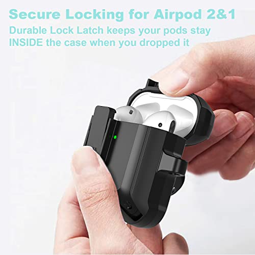 Winproo Armor Airpods 2Nd & 1St Generation Case Cover With Lock Clip, Military Hard Shell Full-Body Shockproof Protective Case Skin With Keychain For Airpods 2Nd & 1St Gen (Black) #TOP2