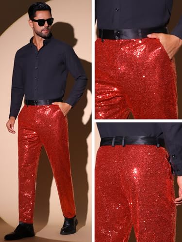 Lars Amadeus Men's Sequin Pants Casual Party Straight Leg Red 36 by Lars Amadeus - Used condition - Image 10