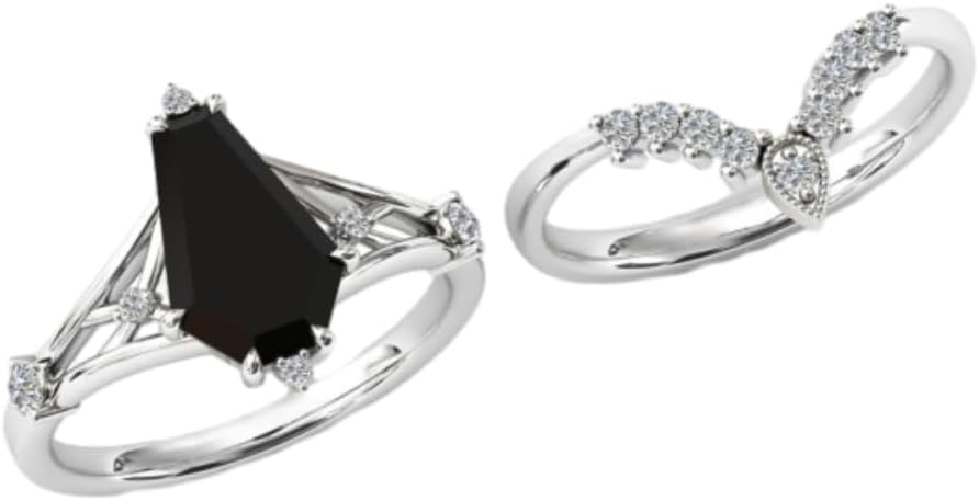 1-3 CT Vintage Coffin Shpaed Black Onyx Engagement Ring Set 14k Gold Black Onyx Antique Wedding Ring Set Art Deco Black Gemstone Bridal Set for Women Anniversary/Promise Ring Set