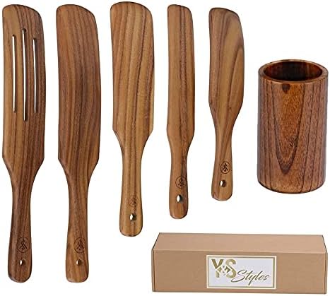 Wooden Spatula Set with HOLDER – Spurtle Set As Seen On TV, 6 Pcs100% Teak Wood Slotted Spatulas Spoons Set Utensils for Cookware Kitchen Cooking Heat Resistant Tool For Stirring, Mixing