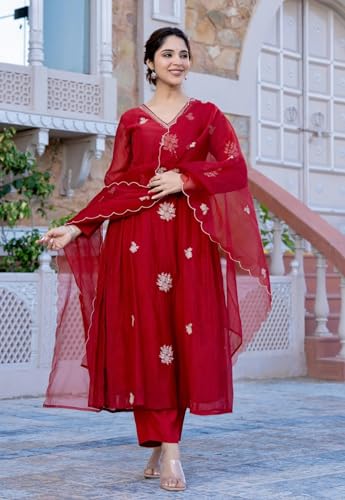 Image of Nermosa Women Embroidery Solid Anarkali Kurta and Pant Set with Dupatta