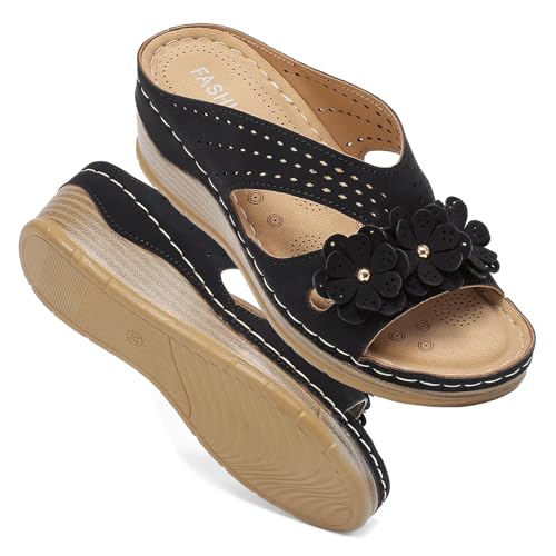 Wedge Sandals for Women, Casual Comfortable Walking Slip on Slides, Open Toe Leather Platform Sandal, Arch Support Chunky Summer Dressy Shoes Lightweight Memory Foam Hollow Slippers