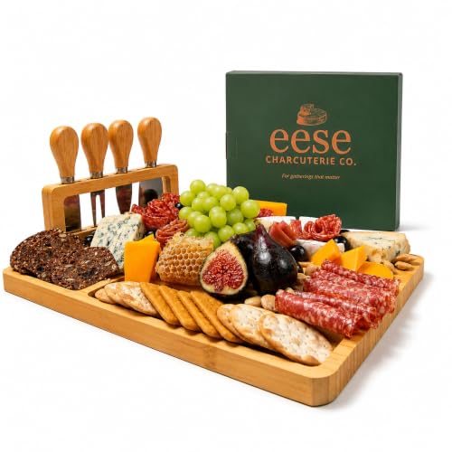 Eese Charcuterie Board Set, 14 x 11 Inch Bamboo Cheese Board with Cheese Knife Set, Deep Groove Serving Tray, Screw-Mount Utensil Holder, Gift for Housewarming & Entertaining