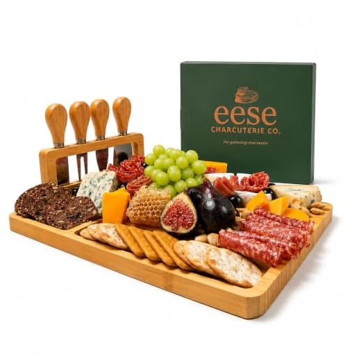 Eese Charcuterie Board Set, 14 x 11 Inch Bamboo Cheese Board with Cheese Knife Set, Deep Groove Serving Tray, Screw-Mount Utensil Holder, Gift for Housewarming & Entertaining