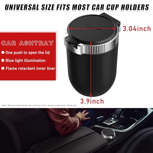 Image of Dickno Car Ashtray with Lid, Detachable Stainless Smokeless Auto Ashtray, Portable Mini Vehicle Trash Can with LED Blue Light, Universal Interior Accessories for Cup Holder (Silver)