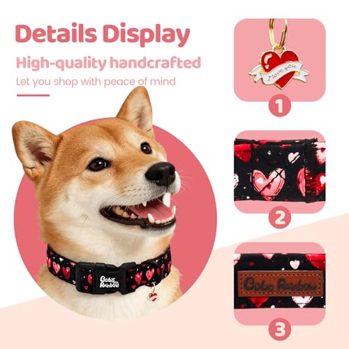 Image of Valentine's Black Base Red Heart Dog Collar for X-Small Dogs | Valentine Pet Outfit,Wedding,Anniversary,Daily Walks,Adjustable,Cotton,Quick Release Plastic Buckle,Pendant,Female /Male Dog