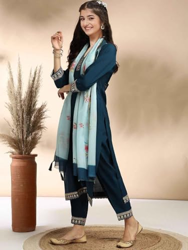 Image of Girls A-line Silk Embroidered Kurta and Pant Set with Dupatta for festive wedding and casual wear
