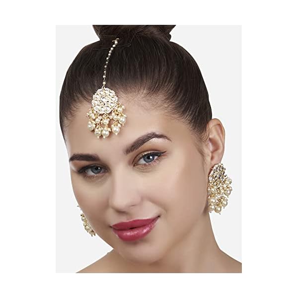 ZAVERI PEARLS Gold Tone Kundan & Pearls Traditional Drop Earring & Maangtikka Set For Women-ZPFK13161 - Image 5