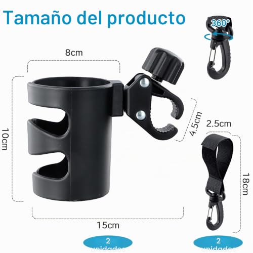 Miniatura 2 de Spetsbst 2 Piezas Portavasos Cochecito Con 2 Ganchos Universal Ajustable 360 Grados Rotación Portavasos Cochecito Bicicleta Accesorios Para Carrito Y Silla De Ruedas