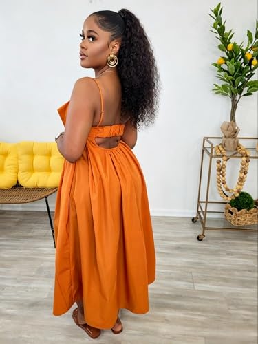 Image of YUEWOO Midi Dresses for Women Casual Summer Sundresses Vacation Outfits Spaghetti Strap Smocked Women Maxi Dress with Pockets