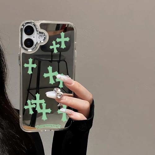 xoniery Compatible with iPhone 17 Cute Glossy Mirror Back Case,Cross Pattern,Senior Shockproof Protection for iPhone 17 Case for Women Girls-Green