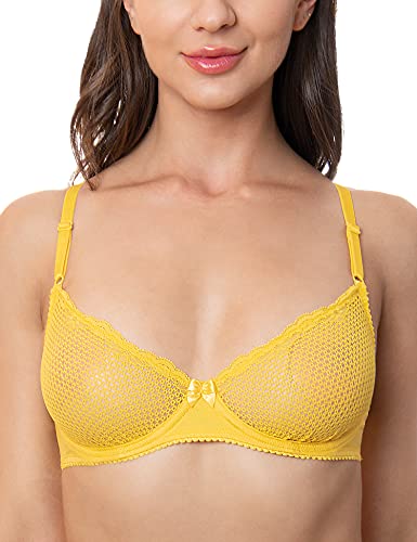Wingslove Women's Sexy 1/2 Cup Lace Bra Balconette Mesh Underwired Demi Shelf Bra Unlined See Through Bralette (Lemon Yellow, 34B) #TOP19