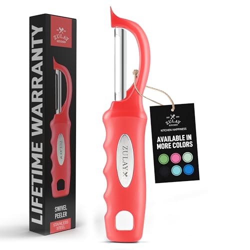 Zulay Kitchen Premium Vegetable Peeler for Kitchen - Swivel Peeler with Razor Sharp Stainless Steel Blades & Strong Ergonomic Handle - Dishwasher Safe, Easy To Use with Blemish Remover - Red