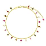 Tobillera en Plata de Ley 925m chapada en oro con 21cm. piedras colgantes colores combinados