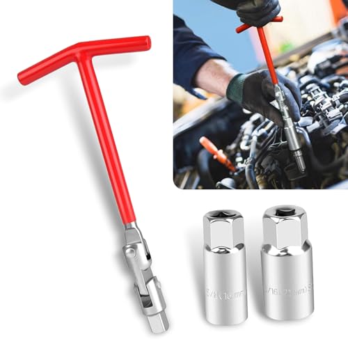 Eratus 3 PCS Spark Plug Socket Wrench, T-Shaped Non-Slip Handle 360 Degree Flexible Multi-Angle Spark Plug Disassembly Tool, 3/8 Drive Portable Tool, Universal for Motorcycles (Multicolored)