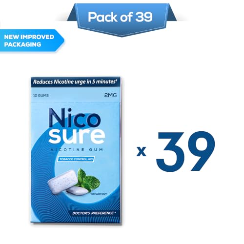 Image of Nicosure Nicotine Gum-2mg-Pack of 39-390 Gums|Tobacco Control Aid|Spearmint Flavour|Doctors' Preference|Aids in Quitting Tobacco|Great taste| Long lasting flavour|Sugar-free