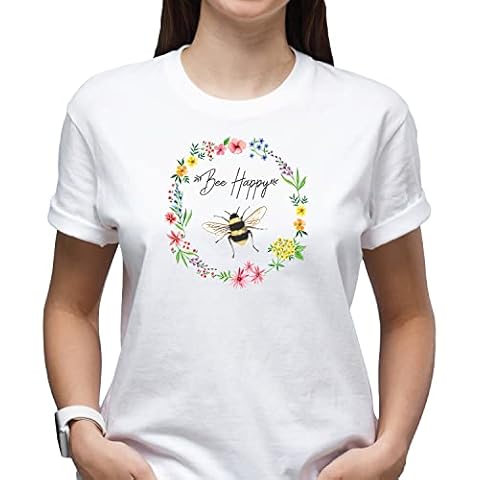 Printykins Bee Happy T Shirt - Ladies t-Shirt | Short Sleeve | White | Premium Direct to Garment Printing | Bee Inspired Design for Women, Woman, Girls UK (S) Cover