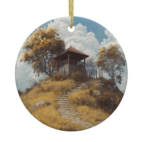 WHJSSF Pavilion on the hill Pattern Christmas Tree Ceramic Hanging Round Pendant - 2.9 in Exquisite and durable