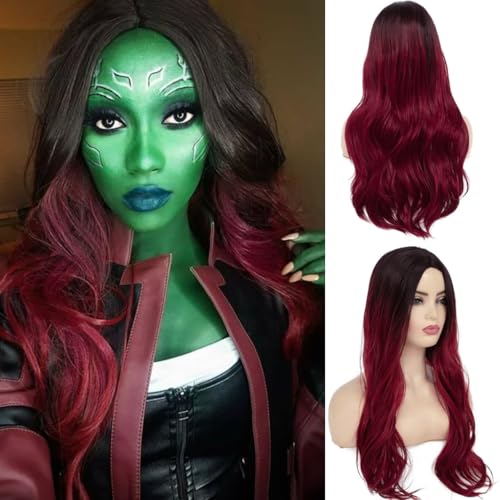 PORSMEER Gamora Wig Womens Long Wavy Dark Red Color Ombre Cosplay Costume Halloween Wig