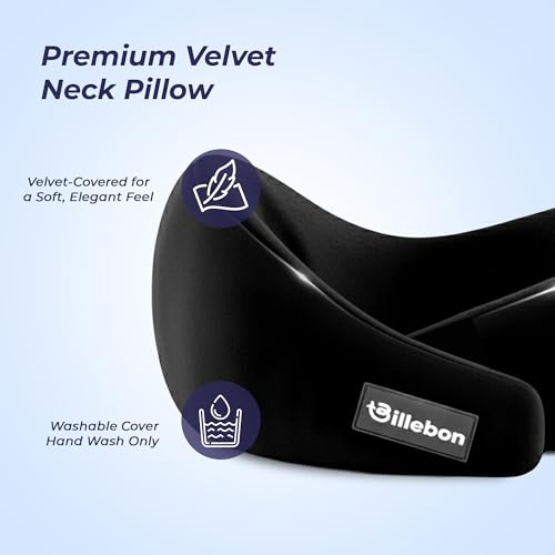 Image of Billebon Gel Infused Memory Foam Neck Pillow with Case, Travel Pillow with Adjustable Velcro Straps, Neck Pillow for Travelling & Flight Travel, Ergonomic Support for Comfort & Pain Relief (Black)